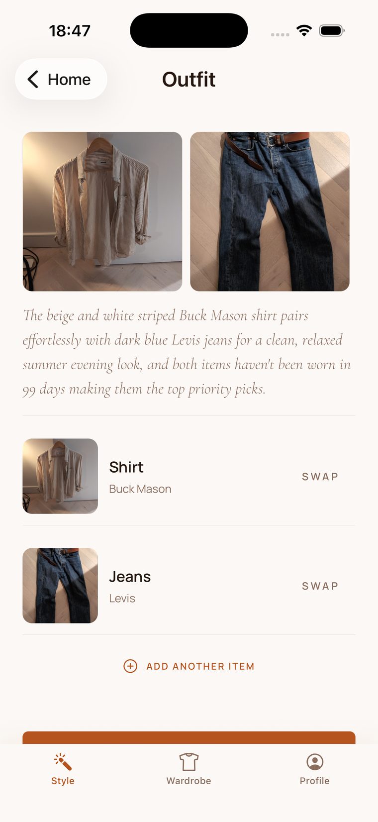 Stash outfit result screen with pairing rationale